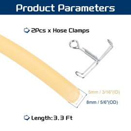 PATIKIL 3.3 Ft(1M) Natural Latex Rubber Tubing, 3/16"(5mm) ID x 5/16"(8mm) OD Sling Shot Rubber Tubing Tube with Hose Clamps for Exercise, Stretching, Laboratory, Home Hose Tube