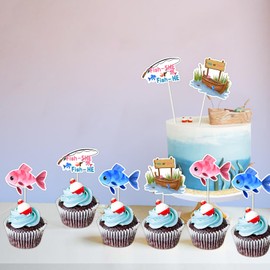 Fangleland 24 Pcs Fish Theme Gender Reveal Cupcake Toppers, Gone Fishing Bobber Fish She or Fish He Cupcake Picks Decorations, Little Fisherman Party Supplies Blue and Pink