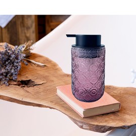 Birugen Foaming Hand Soap Dispenser,Vintage Glass Soap and Lotion Dispenser for Bathroom,Kitchen Dish Soap Dispenser with Black Foam Pump (Pink Begonia flowerr+Black Lid)