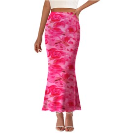 PRETTYGARDEN Women's Floral Print Mesh Long Skirt High Waisted Bodycon Fishtail Flowy Summer Maxi Skirts for Women Trendy (Floral Pink, Small)
