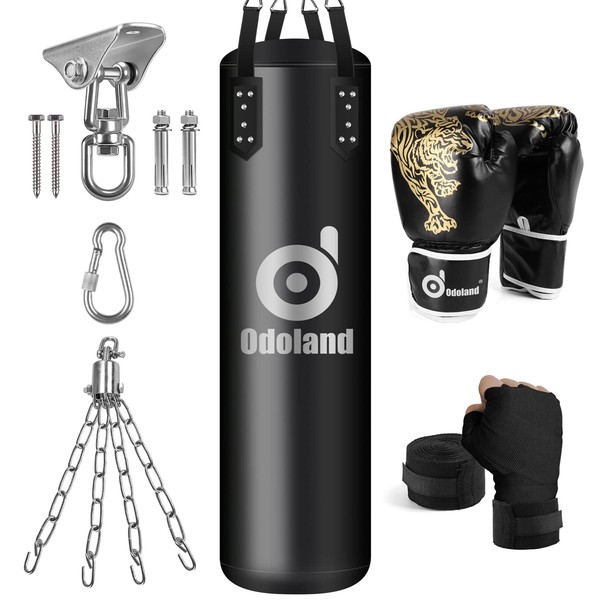 Odoland 6-in-1 Punching Bag Unfilled Set for Men and Women, 4FT Kick Boxing Heavy Bag with 12OZ Punching Gloves and Hand Wraps, Hanging Chains for MMA Karate
