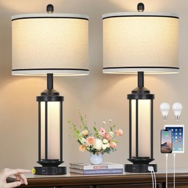 Rinweey Table Lamps for Living Room Set of 2, Black Farmhouse Rustic Industrial Table Lamp with USB A+C Charging Ports & AC Outlet, 27" Modern Table Lamps with LED Night Light & Linen Fabric Lampshade