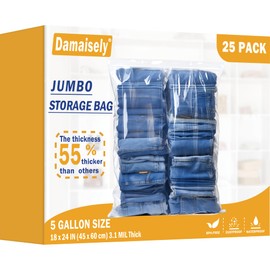 Large Storage Bags with Zipper Top, 5 Gallon Bags 18" x 24", Resealable Plastic Bag, Jumbo Freezer Bag for Food, Clothes, Travel, Moving, 3.1-mil Thick, Pack of 25
