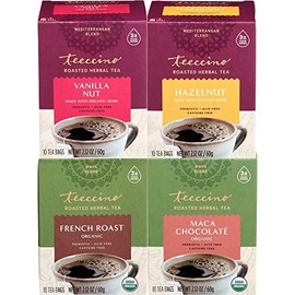 Teeccino Herbal Tea Paquete variado – Nuez de vainilla, avellana, maca chocolaté, tostado francés, achicoria orgánica tostada, prebiótica, sin cafeína, sin ácido, 10 bolsas de té (paquete de 4)