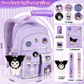 Ensccant Backpack for Girls with Accessories - Anime Schoolbag Cartoon Backpack Laptop Bookbags Anti-Theft Travel Aesthetic New Semester Gifts Bag with Plush Doll, Pins, Stationery - Purple