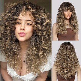 LONAI Curly Wig with Bangs for Women Long Honey Blonde Kinky Wigs with Bangs WIG006 Curly Shag Synthetic Wig for Daily Use Party Cosplay-Ombre Honey Blonde