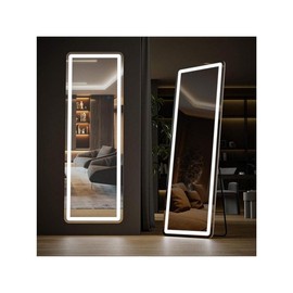 Full Length Mirror With LED Lights,64"X21" Lighted Floor Standing Mirror With Stand, Full Body Mirror Dimming & 3 Color Lighting - Color: White, Size: 64" x 21"