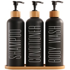 Raddile 3 Soap Dispensers, Black, 500 ml Shampoo Bottles for Filling, Soap Dispenser Bathroom, Soap Dispenser Shower with Pump and Tray Made of Bamboo for Liquid Soap Shampoo Lotion