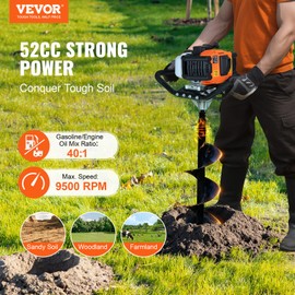 VEVOR Post Hole Digger Gas Powered, 52CC 1450W Earth Auger, Gas Auger with 8” Auger Drill Action Design Bits & 1 Extension Rod, Post Fence Hole Digger for Farmland Garden Plant, Orange+Black