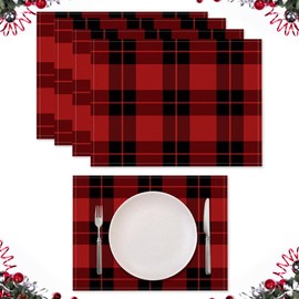 Christmas Place Mats, dellyy Placemats, Red, Set of 4, Washable Place Mats, Linen, Place Mats Grid, Christmas Decorative Placemats, Machine Washable