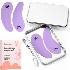 Beautistin Under Eye Patches Silicone - 2 Pairs Reusable Eye Patches, Eye Wrinkle Patches, Reusable Under Eye Mask, Plump Fine Lines & Wrinkles, with Metal Eye Cream Applicator, Tin Case, Purple