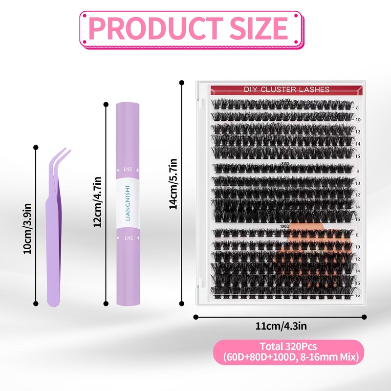 320Pcs Soft Natural Cluster Lashes Kit, 60D+80D+100D DIY Extension Kit,
