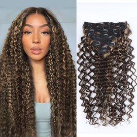 Deep Wave Clip-In Hair Extensions, Real Hair, Highlights, Glue-Free Hair Extensions for Women, 120 g, Curly Hair, #4/27 Blonde Wear and Go, 8 Pieces, Double Wefts, Seamless Clip Ins, 55 cm / 22 Inches