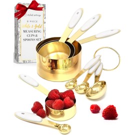 White and Gold Measuring Cups and Spoons Set – 8-Piece Stackable Stainless Steel Measuring Set – Stylish Gold Kitchen Accessories for Precise Baking and Cooking, Ideal Gift for Bakers and Chefs