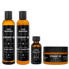 Live Bearded Complete Beard Grooming Kit - Wash, Conditioner, Butter and Oil - Made in the USA with All-Natural Ingredients - Mens Groom Set | Straight Up Unscented - Fragrance-Free