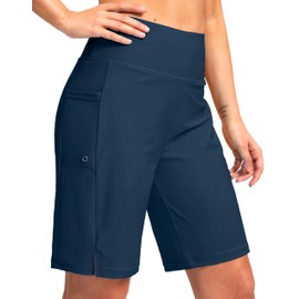 G Gradual Women's 9" Long Swim Board Shorts with Pockets High Waisted Knee Length Beach Swimming Shorts for Women with Liner(Dark Blue,XXL)