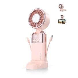 VINTELEIN Portable Handheld Personal Fan with USB-C & iOS Cables 5V/2.4A Fast Charging for Cellphone/Tablet, 20H Cooling Time, Foldable Design with Phone Stand for Camping Travel Outdoor (1, Pink)