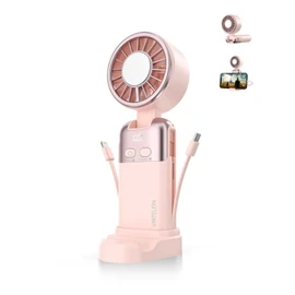 VINTELEIN Portable Handheld Personal Fan with USB-C & iOS Cables 5V/2.4A Fast Charging for Cellphone/Tablet, 20H Cooling Time, Foldable Design with Phone Stand for Camping Travel Outdoor (1, Pink)