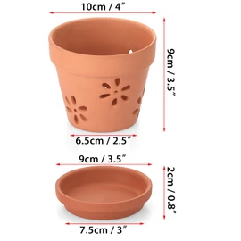 JUXYES Pack of 6 Small Terracotta Orchid Pots with Holes and Saucers, 4-Inch Clay Planter Pots for Indoor and Outdoor Use, Promotes Air Circulation