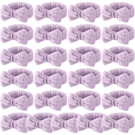 Wavyknot 25 Pcs Spa Headband Bulk Makeup Headbands for Washing Face Cute Bow Hairbands Soft Coral Fleece Hairbands for Women Face Skin Care Makeup Spa Gift Shower Yoga (Classic Pattern,Purple)