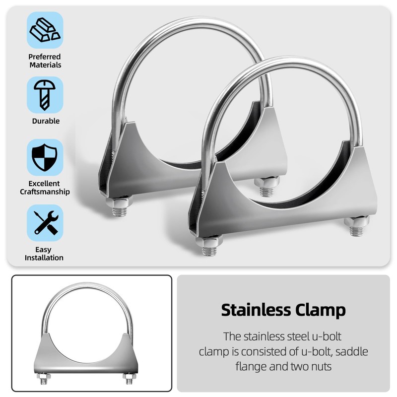 Glarks 2Pcs 304 Stainless Steel Exhaust U-Clamps 50MM (2in) Muffler