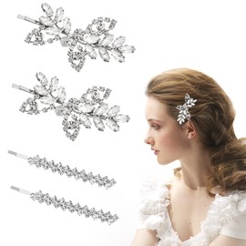 4 Pieces Rhinestone Bridal Hair Clips - Shining Wedding Leaf Crystal Barrette for Women Girls (2 Styles) - Silver