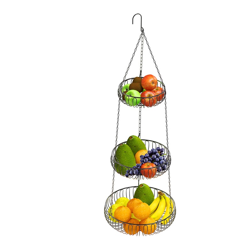 Simple Houseware Adjustable Metal Hanging Fruit Basket, Oblate, Black, 11"