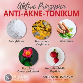 Nezeni Acne Tonic with Salicylic Acid and Tartaric Acid 200 ml, 8 Active Ingredients, Firming Effect, Anti-Acne, Vegan, for Oily and Acne Skin, Low Preservative Content