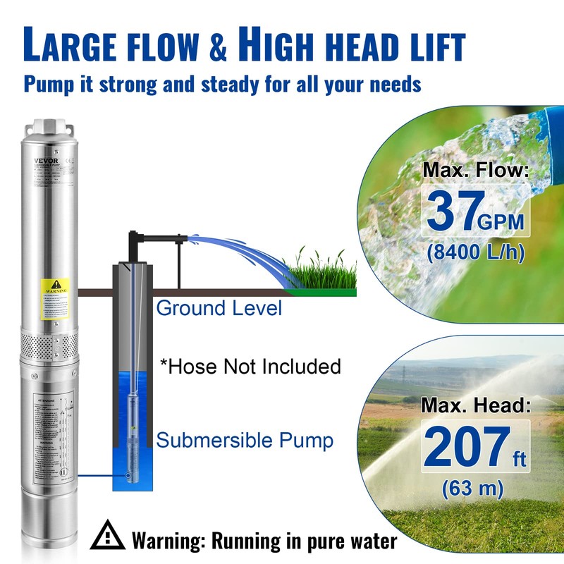 VEVOR VEVOR Deep Well Submersible Pump, 1HP 115V/60Hz, 37gpm Flow