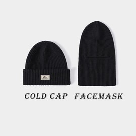 BDSHUNBF Winter Hat, Stretchy Knitted Beanie Hat, Women Men Soft Warm Cuffed Beanie Hats, Unisex Hat and Mask 2 in 1, black