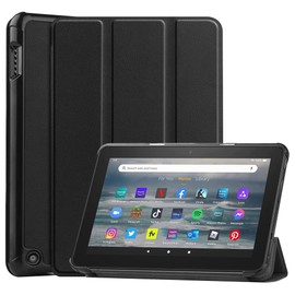 Kepuch Custer Case for Fire 7 2022 Release,Ultra-Thin PU-Leather Hard Shell Cover for Fire 7 2022 Release - Black