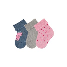 Sterntaler Baby Girl Socks Pack of 3 Cat Stockings Mottled - Socks Baby - with Cat Motif, Plain and Polka Dots - Ink Blue, Ink Blue Mottled