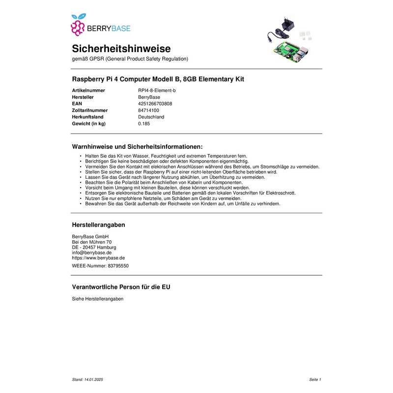 BerryBase Raspberry Pi 4 Computer Model B, 8GB Elementary Kit