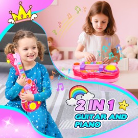 Kids Guitar & Piano 2-in-1 Foldable Guitars with Music & Lights & Strap Toddlers Electric Musical Toy Educational Instrument Toys for 3 4 5 Year Old Boys Girls Gifts
