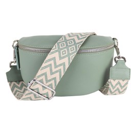 MIRROSI® Women's Bum Bag, Genuine Leather, Made in Italy, Shoulder Bag, Chest Bag, Crossbody Bag (1 Bag & 2 Straps), Mint (Bohemian Mint Beige), Bohemian