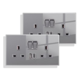 JIMEIDA 2 Pack Grey Double Switched Socket 20W Fast Charging 13 Amp with USB A and USB C Charging Ports Crystal Glass Panel Wall Outlet,250V
