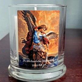 St. Michael Archangel Prayer Candle Holder, Catholic Gift, Dad, Home Decor, Confirmation, Wedding, Saint Michael, Saint Candle, Housewarming (St. Michael Square Fresh Linen Candle)