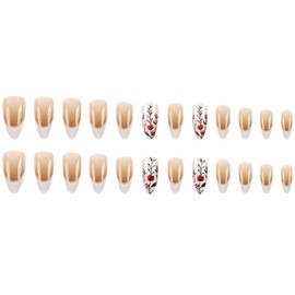 MERVF Almond Press on Nails Medium Fake Nails White French Tip Glue ons Flower Design Stiletto Acrylic Spring False Nails for Women Glossy 24pcs
