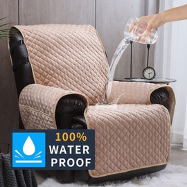 Velvet Recliner Covers Non Slip Waterproof Large Recliner Chair Covers for Leather Chairs Reversible Recliner Sofa Cover for Living Room Recliner Furniture Protectors Covers for Dog Pets Beige 28"