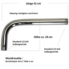 Sanixa Shower Head with Wall Arm 3 Jet Types Shower Head Anti-Limescale Length 30 cm
