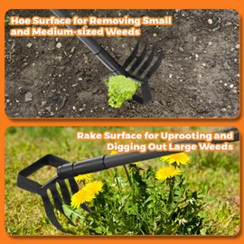 FreshFarm Garden Hoe and 4 Tines Rake 2-in-1 Garden Tool for Weeding, Garden Cultivator with 62.6" Adjustable Long Handle Heavy Duty Weed Puller Stirrup Hoe for Ditching, Seeding, Loosening Soil