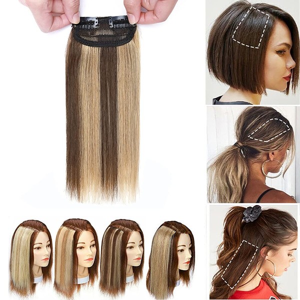 Invisible Clip in Mini Hair Extensions Human Hair Seamless Hairpin Hair Pad Short Straight Hairpieces One Piece Wiglet Hair Filler for Adding Hair Volume 6 Inch Medium Brown mix Dark Blonde