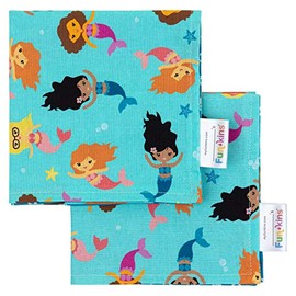 Funkins Reusable Cloth Napkins for Kids | 12”x12”, 2-Ply, Thick, Absorbent, Durable | Machine Washable | Name Tag | Soft Cotton Fabric | Great for School Lunchboxes | Set of 2 Napkins | Mermaids