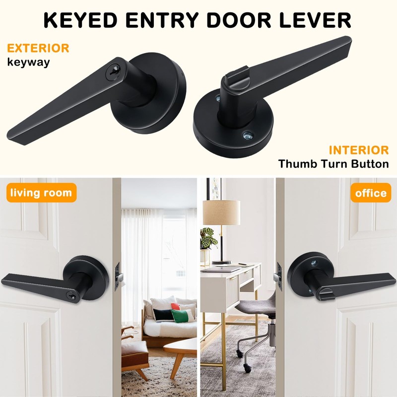 HISAFE Matte Black Keyed Entry Door Levers with Lock, Heavy