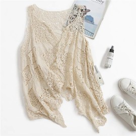 Women's Cardigan Hippie Gilet Crochet Hollow Lace Irregular Boho Sleeveless Cardigan Gilet Short -
