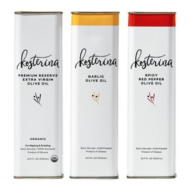 Kosterina Olive Oil Trio – Spicy Red Pepper, Garlic & Original EVOO | Made with Polyphenol Rich Greek Olive Oil, Cold-Pressed from Koroneiki Olives | Product of Greece (3x16.9 oz)