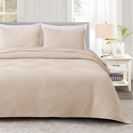 Whale Flotilla Queen Quilt Set, Soft Lightweight Quilts Bedspreads Coverlet with Embossed Pattern, Bedding Sets with 2 Pillow Shams, Reversible Bed Cover for All Seasons, 96x90 Inches, Brich Beige
