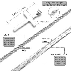 HSWYFCJY Cross Chain Men's Silver/Gold/Black Stainless Steel Cross Chain Long 50/55/60 cm Flat Snake Chain Layered Cuban Necklace with Cross Birthday Christmas Knot Gifts for Men, Stainless Steel