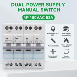 DewinLVD Transfer Switch, 4P Manual Isolator Switch Dual Power DIN Rail Manual Switch 400VAC 63A