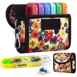 bvya Pill Organizer Case, Weekly Travel Pill Case Medication Reminder Daily AM PM, Day Night 7 Compartments,for 4 Times A Day, 7 Days a Week-Includes Printed Patterns Neoprene Carrying Case